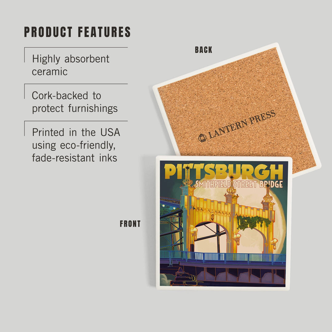 Pittsburgh, Pennsylvania, Smithfield St. Bridge and Moon, Coasters Coasters Lantern Press