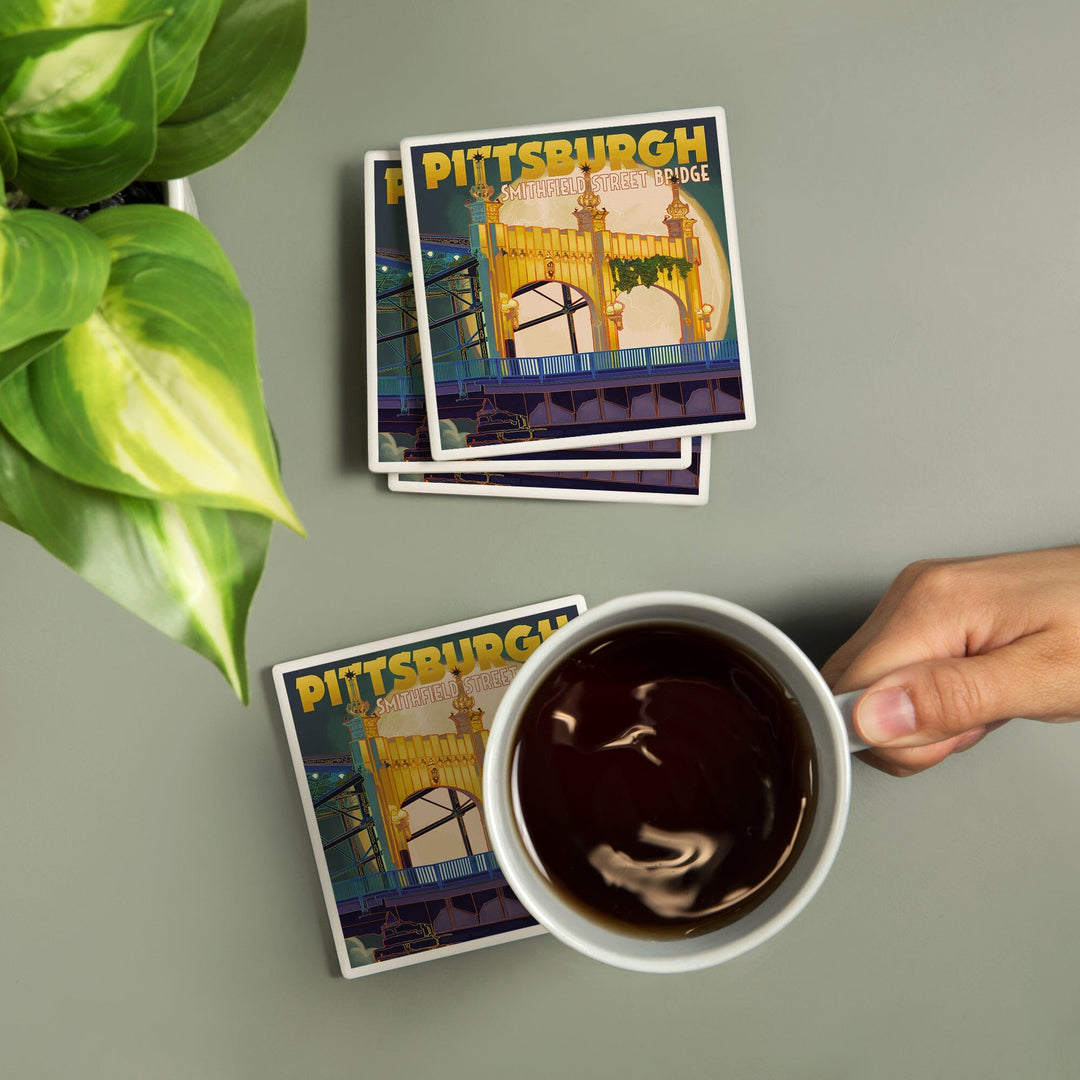 Pittsburgh, Pennsylvania, Smithfield St. Bridge and Moon, Coasters Coasters Lantern Press