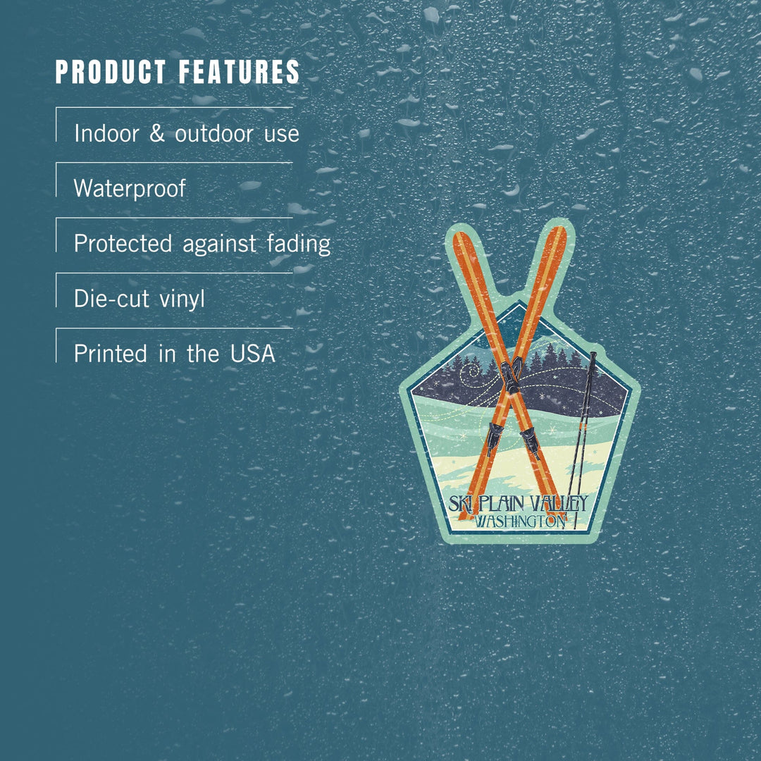 Plain Valley, Washington, Crossed Skis, Contour, Letterpress, Vinyl Sticker Sticker Lantern Press
