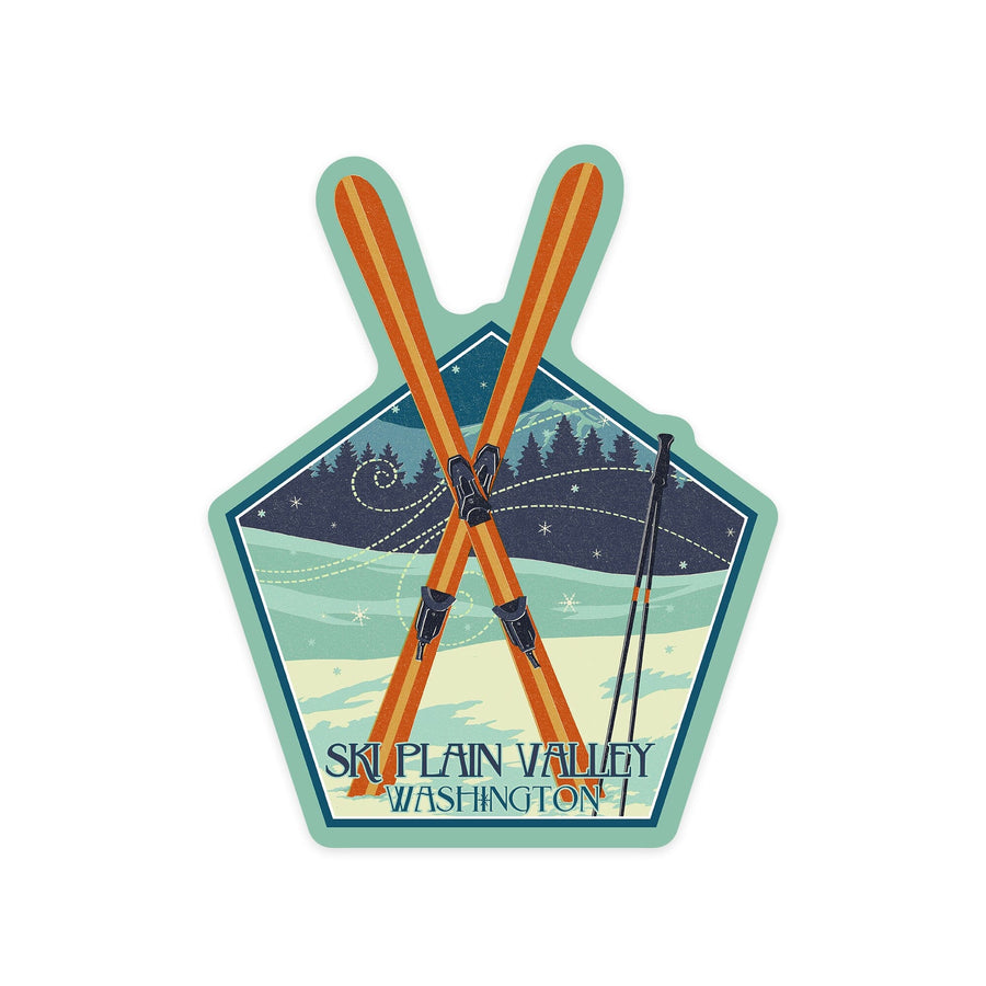 Plain Valley, Washington, Crossed Skis, Contour, Letterpress, Vinyl Sticker Sticker Lantern Press