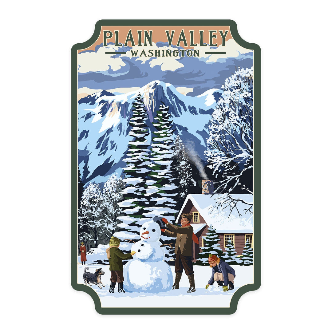 Plain Valley, Washington, Snowman Scene, Contour, Vinyl Sticker Sticker Lantern Press
