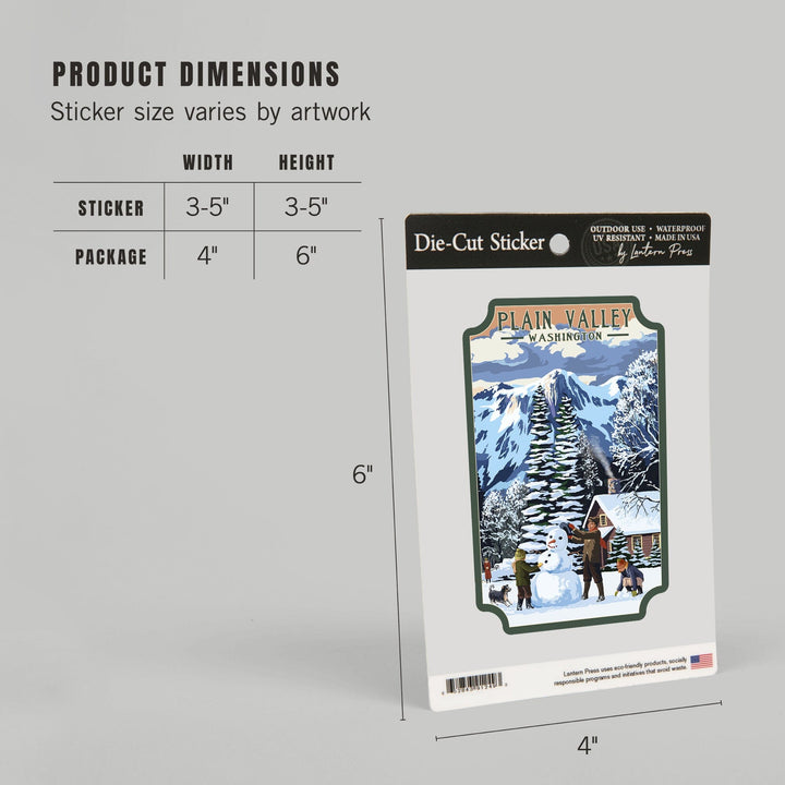 Plain Valley, Washington, Snowman Scene, Contour, Vinyl Sticker Sticker Lantern Press