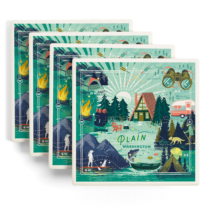 Plain, Washington, Lake Life Series, Collage, Landscape With Mountain, Coasters Coasters Lantern Press