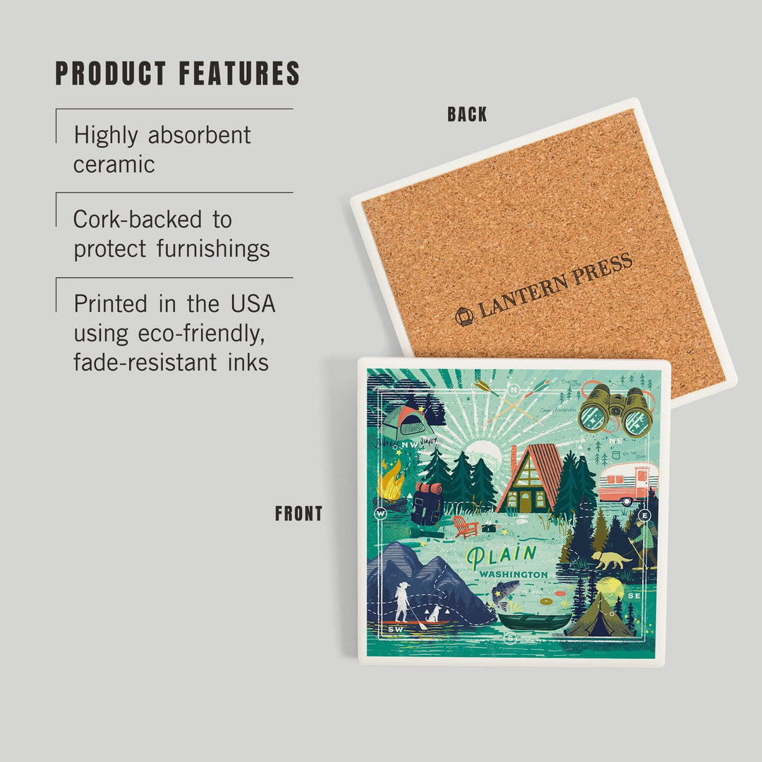 Plain, Washington, Lake Life Series, Collage, Landscape With Mountain, Coasters Coasters Lantern Press