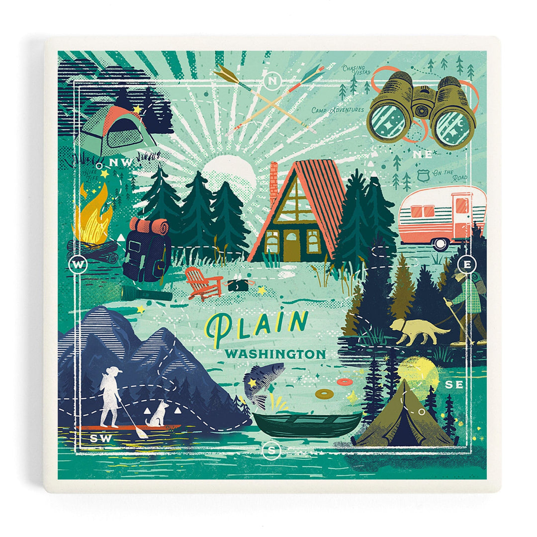 Plain, Washington, Lake Life Series, Collage, Landscape With Mountain, Coasters Coasters Lantern Press Coaster