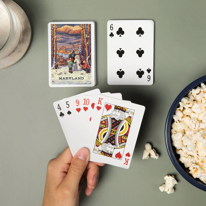 Playing Cards, Maryland, Merry and Bright, Vintage Snowman, 52 Card Deck with Jokers in Box, Unique Art Cards Lantern Press