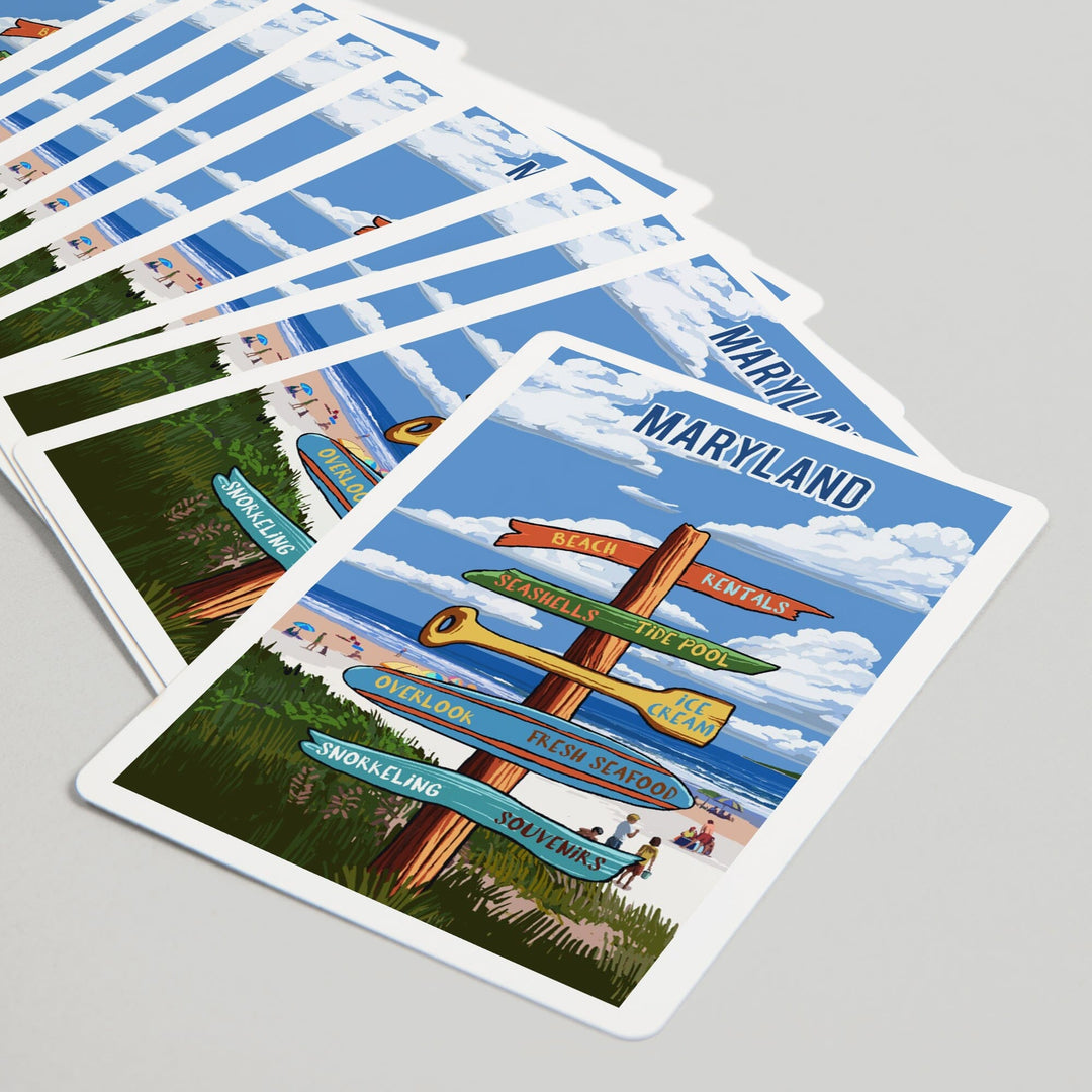 Playing Cards, Maryland, Signpost, Coast Beach with Umbrellas, 52 Card Deck with Jokers in Box, Unique Art Cards Lantern Press
