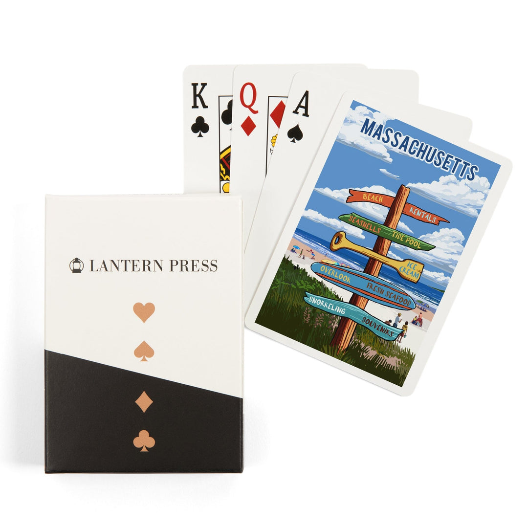 Playing Cards, Massachusetts, Signpost, Coast Beach with Umbrellas, 52 Card Deck with Jokers in Box, Unique Art Cards Lantern Press