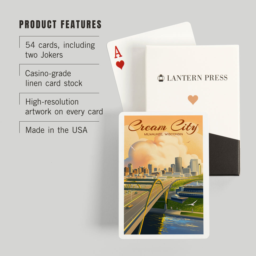 Playing Cards, Milwaukee, Wisconsin, Lithograph City Series, Cream City, 52 Card Deck with Jokers in Box, Unique Art Cards Lantern Press