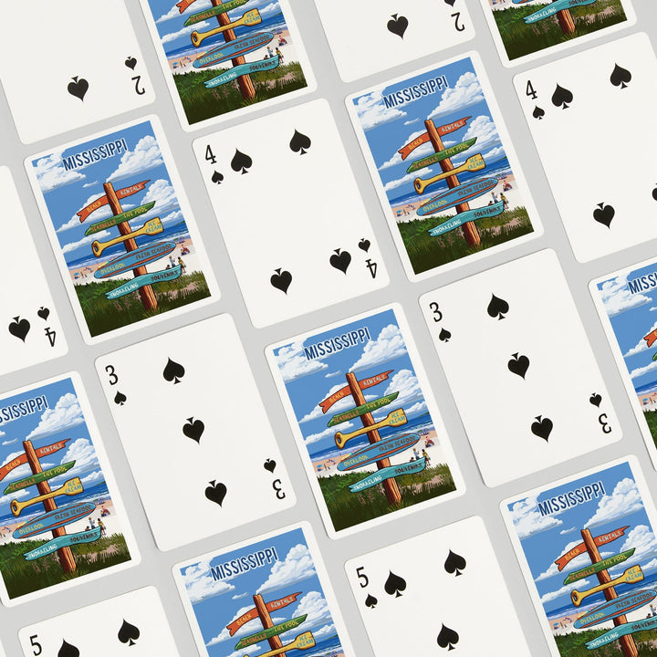 Playing Cards, Mississippi, Signpost, Coast Beach with Umbrellas, 52 Card Deck with Jokers in Box, Unique Art Cards Lantern Press