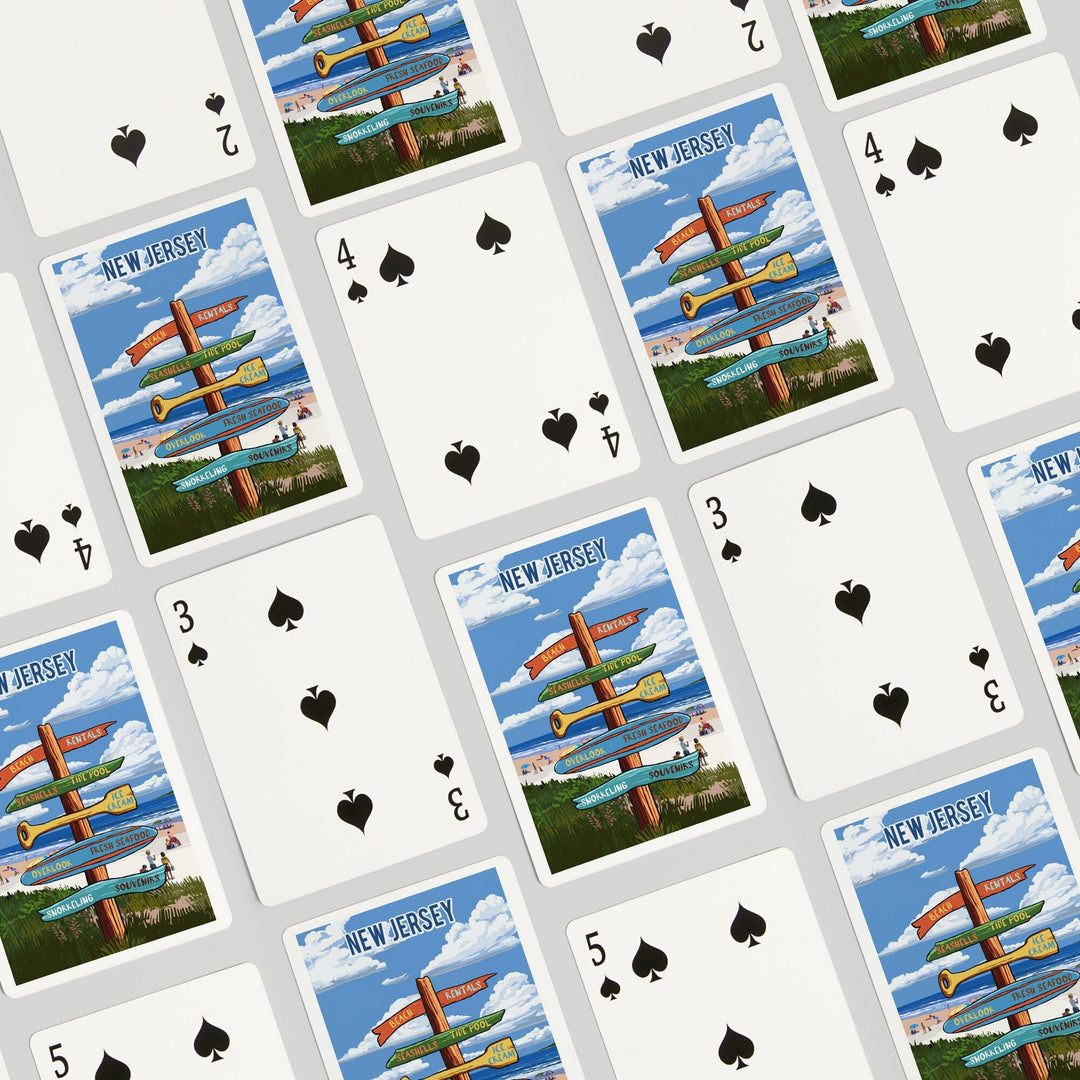 Playing Cards, New Jersey, Signpost, Coast Beach with Umbrellas, 52 Card Deck with Jokers in Box, Unique Art Cards Lantern Press