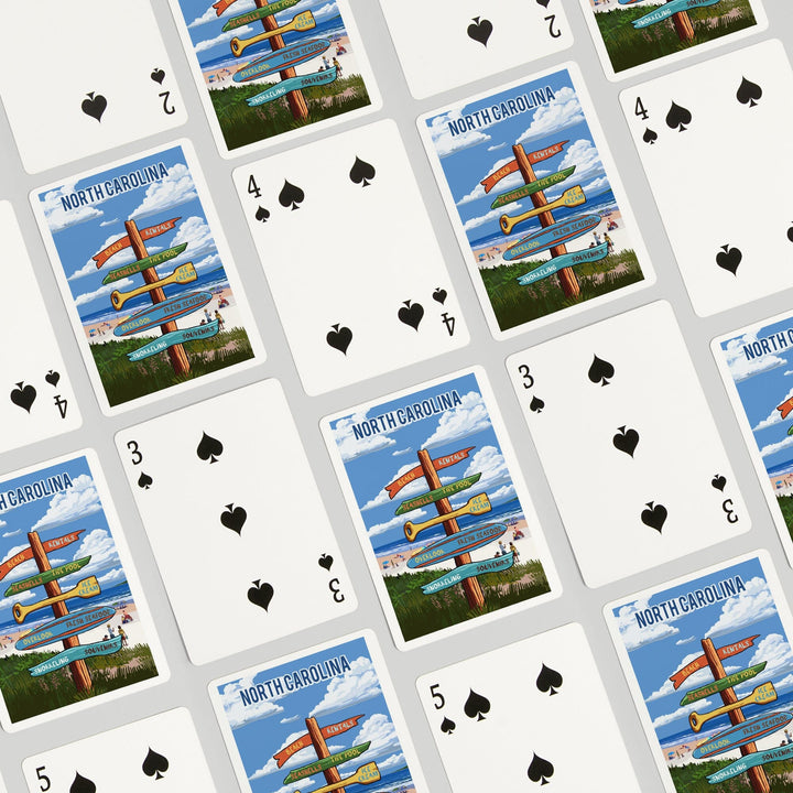 Playing Cards, North Carolina, Signpost, Coast Beach with Umbrellas, 52 Card Deck with Jokers in Box, Unique Art Cards Lantern Press