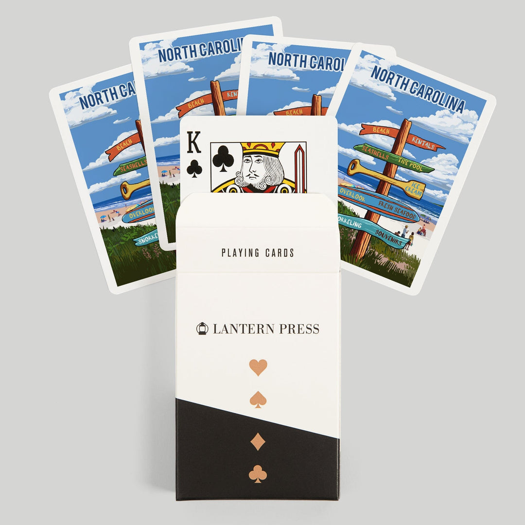 Playing Cards, North Carolina, Signpost, Coast Beach with Umbrellas, 52 Card Deck with Jokers in Box, Unique Art Cards Lantern Press