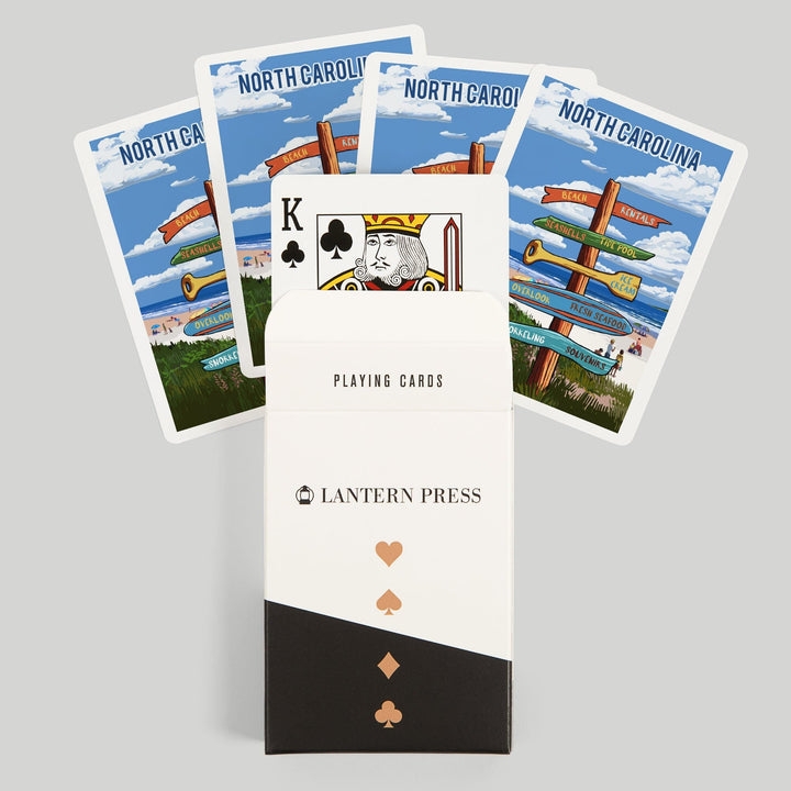 Playing Cards, North Carolina, Signpost, Coast Beach with Umbrellas, 52 Card Deck with Jokers in Box, Unique Art Cards Lantern Press