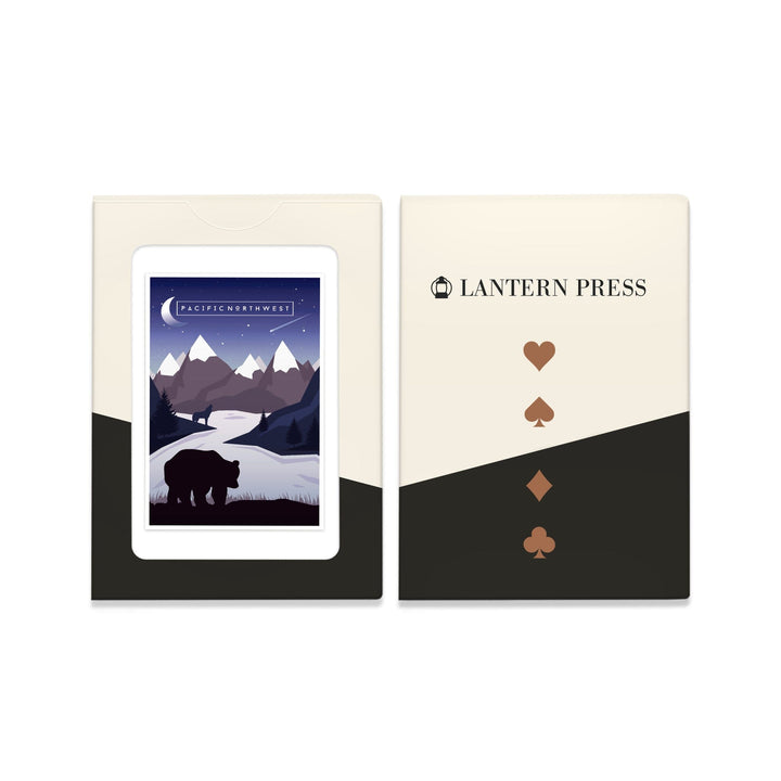 Playing Cards, Pacific Northwest, Bear and Mountain Silhouette, Night, Purple, 52 Card Deck with Jokers in Box, Unique Art Cards Lantern Press