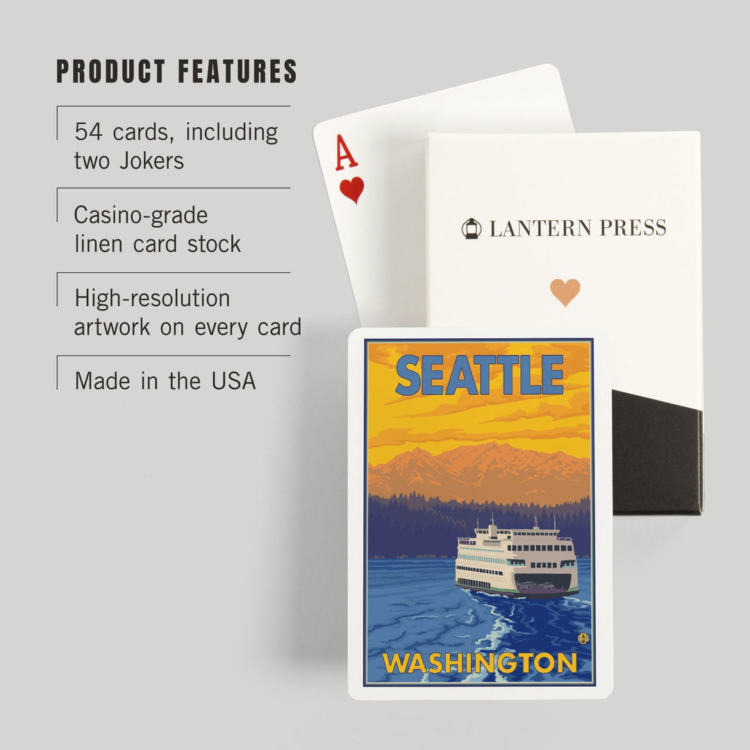 Playing Cards, Seattle, Washington, Ferry and Mountains, 52 Card Deck with Jokers in Box, Unique Art Cards Lantern Press