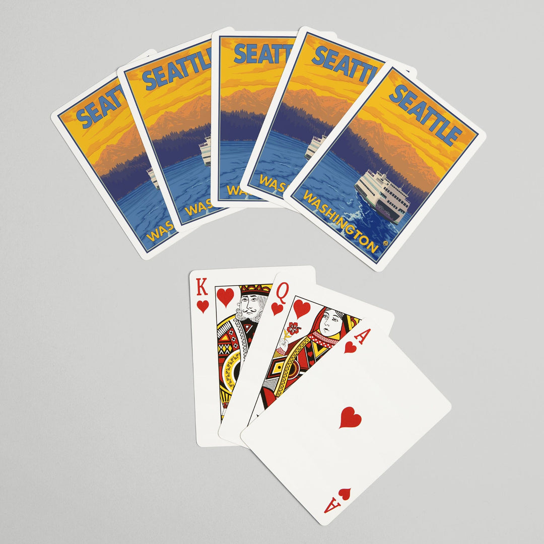Playing Cards, Seattle, Washington, Ferry and Mountains, 52 Card Deck with Jokers in Box, Unique Art Cards Lantern Press