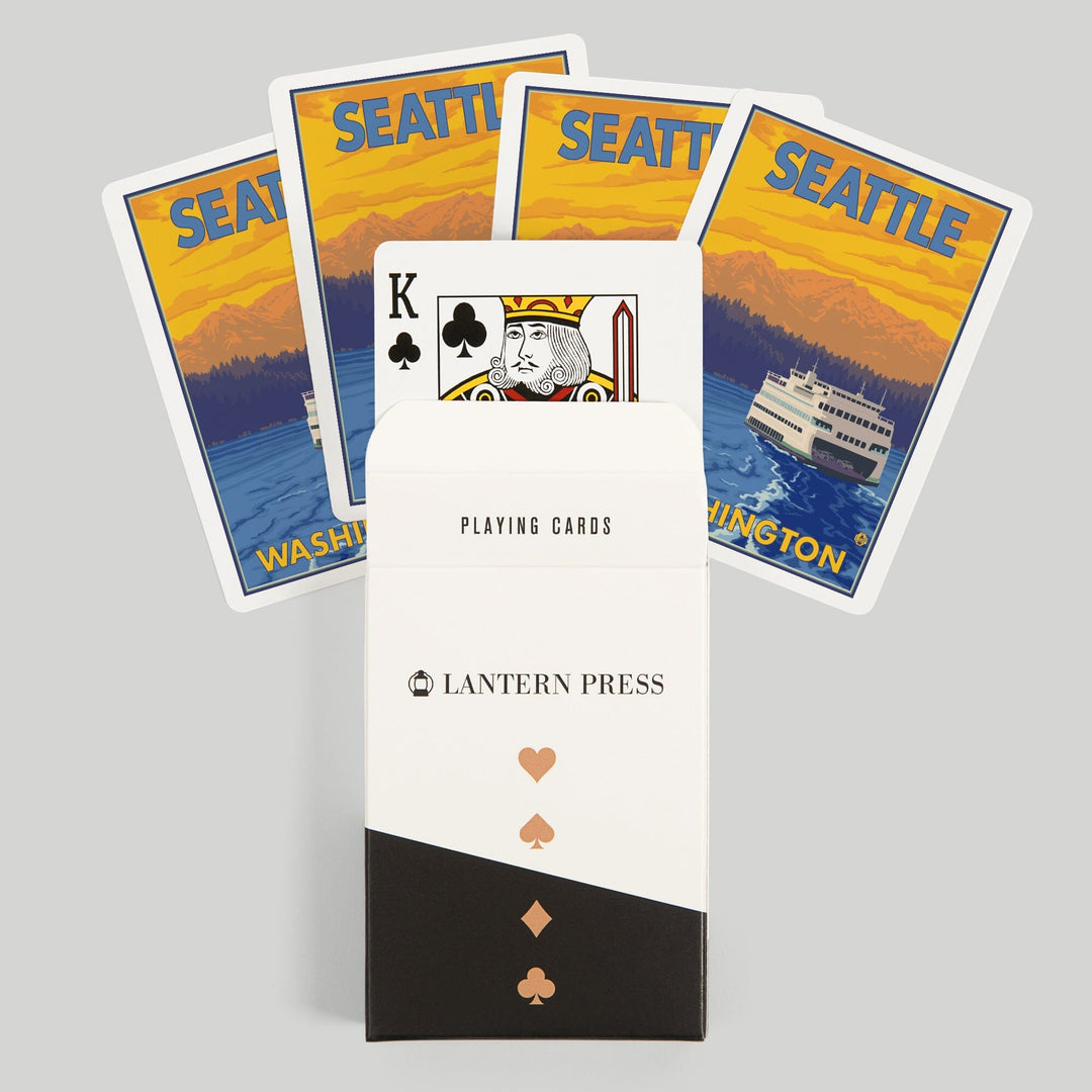 Playing Cards, Seattle, Washington, Ferry and Mountains, 52 Card Deck with Jokers in Box, Unique Art Cards Lantern Press