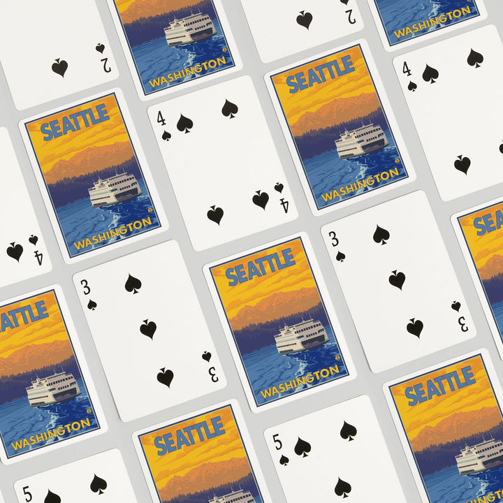 Playing Cards, Seattle, Washington, Ferry and Mountains, 52 Card Deck with Jokers in Box, Unique Art Cards Lantern Press