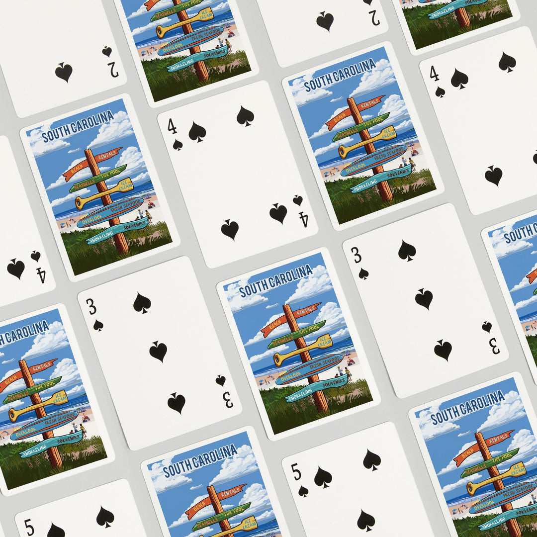 Playing Cards, South Carolina, Signpost, Coast Beach with Umbrellas, 52 Card Deck with Jokers in Box, Unique Art Cards Lantern Press