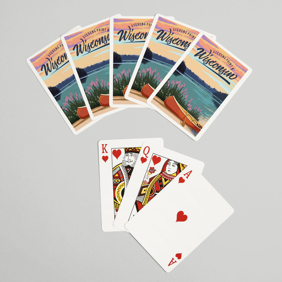 Playing Cards, Stevens Point, Wisconsin, Canoe and Lake Scene, 52 Card Deck with Jokers in Box, Unique Art Cards Lantern Press