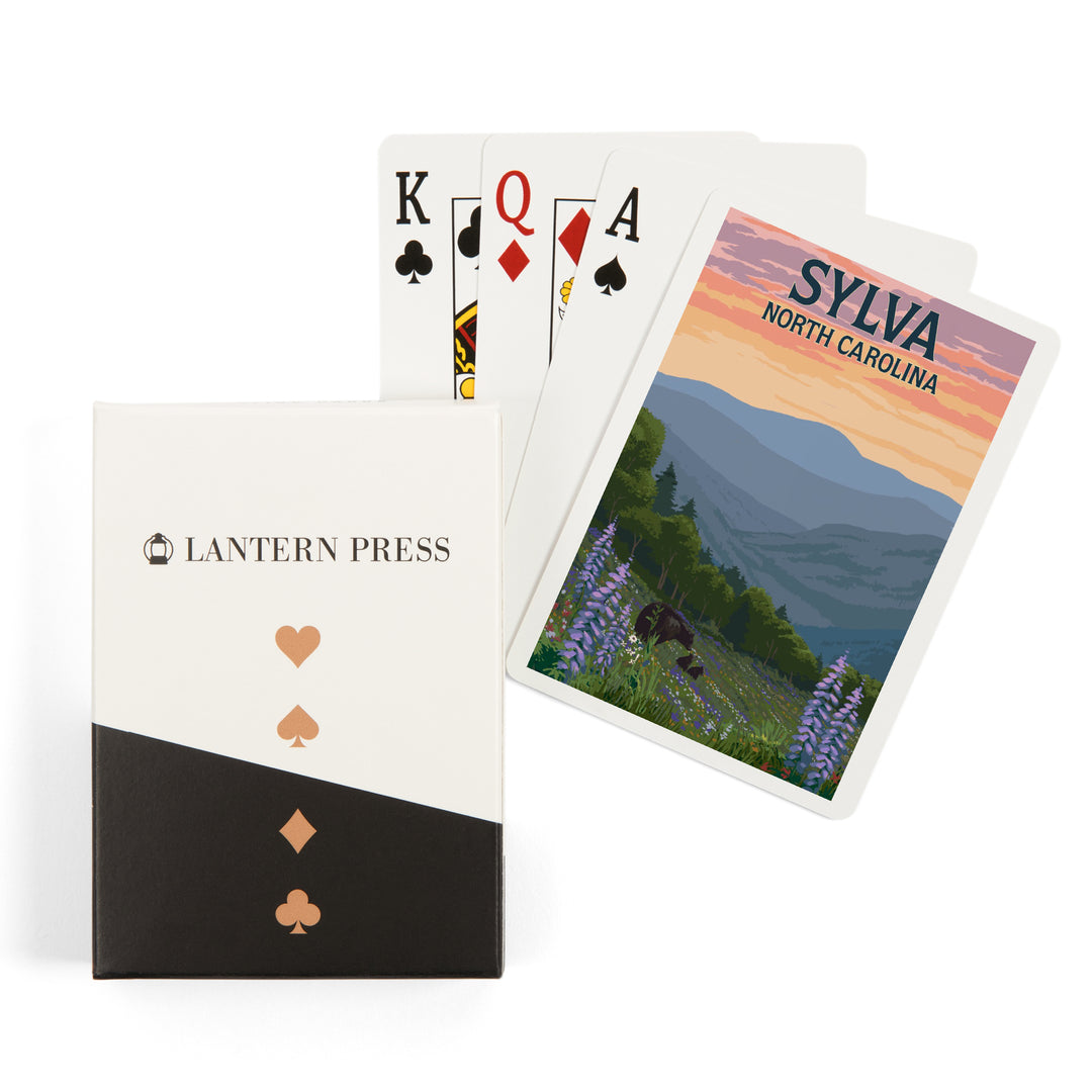 Playing Cards, Sylva, North Carolina, Bears and Spring Flowers, 52 Card Deck with Jokers in Box, Unique Art Cards Lantern Press