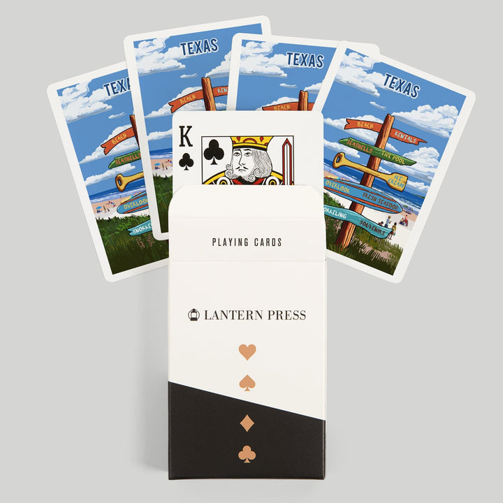 Playing Cards, Texas, Signpost, Coast Beach with Umbrellas, 52 Card Deck with Jokers in Box, Unique Art Cards Lantern Press