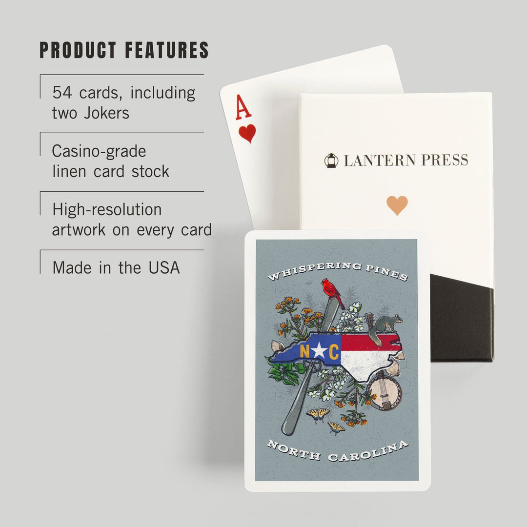 Playing Cards, Whispering Pines, North Carolina, State Treasure Trove, 52 Card Deck with Jokers in Box, Unique Art Cards Lantern Press