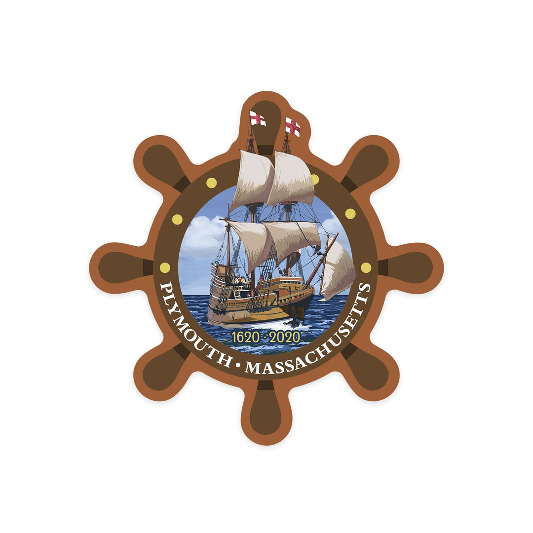 Plymouth, Massachusetts, 1620-2020, Mayflower, Contour, Vinyl Sticker Sticker Lantern Press