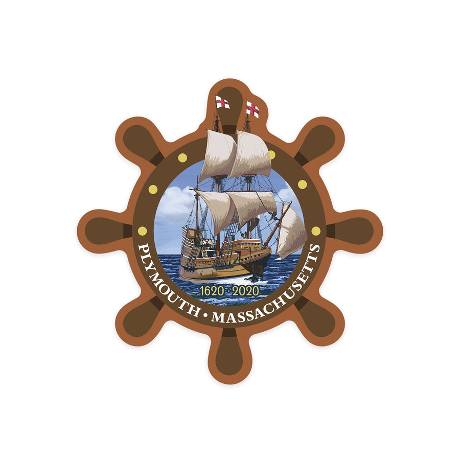 Plymouth, Massachusetts, 1620-2020, Mayflower, Contour, Vinyl Sticker Sticker Lantern Press