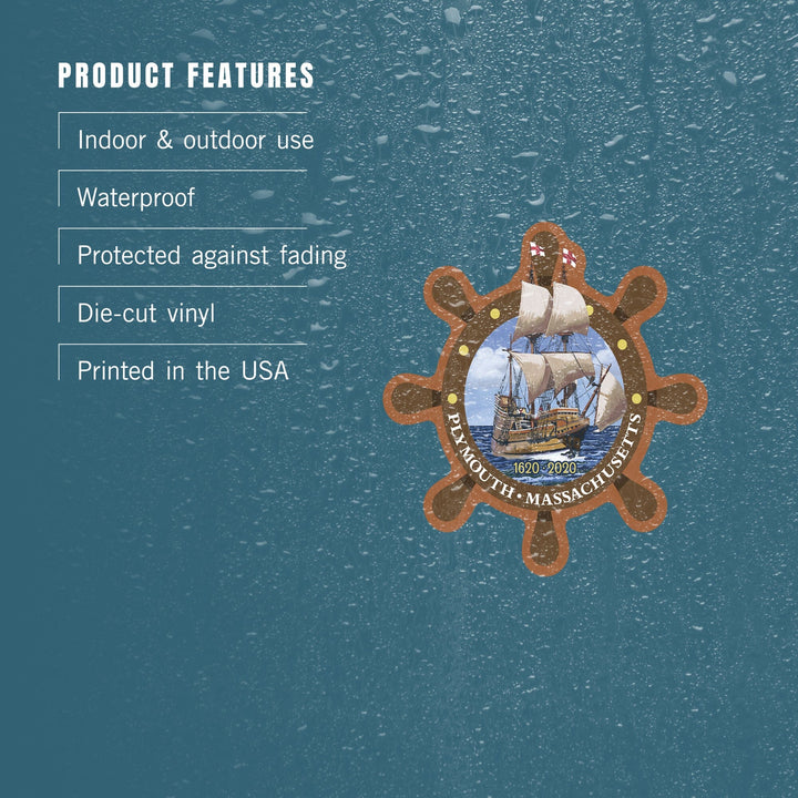 Plymouth, Massachusetts, 1620-2020, Mayflower, Contour, Vinyl Sticker Sticker Lantern Press