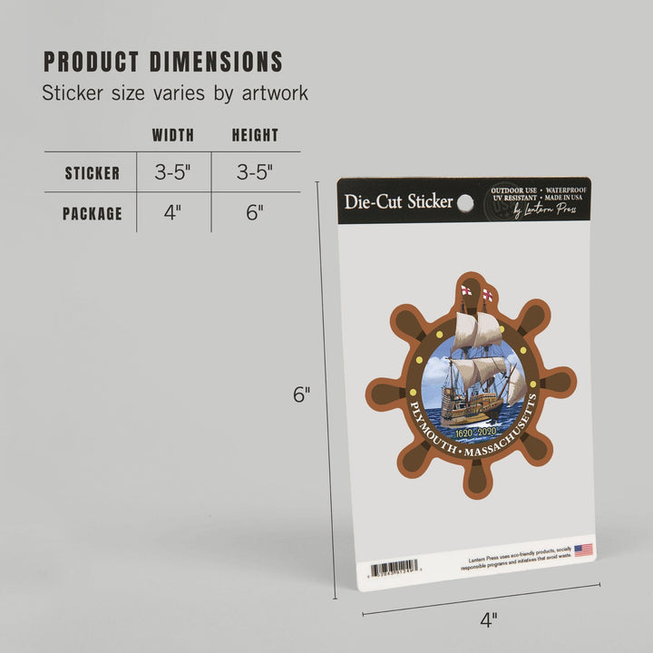 Plymouth, Massachusetts, 1620-2020, Mayflower, Contour, Vinyl Sticker Sticker Lantern Press