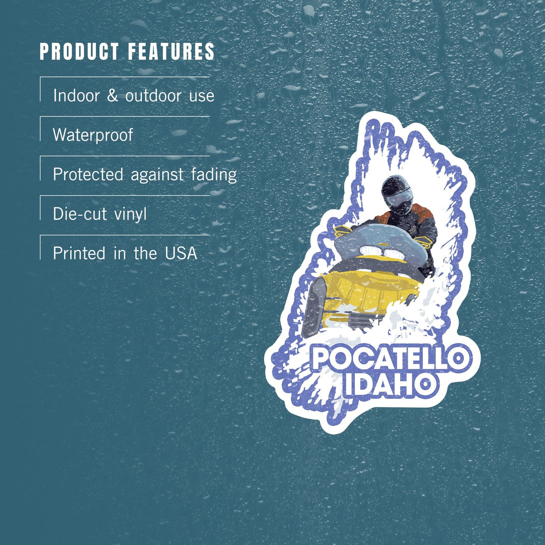 Pocatello, Idaho, Snowmobile Scene, Contour, Lantern Press Artwork, Vinyl Sticker Sticker Lantern Press