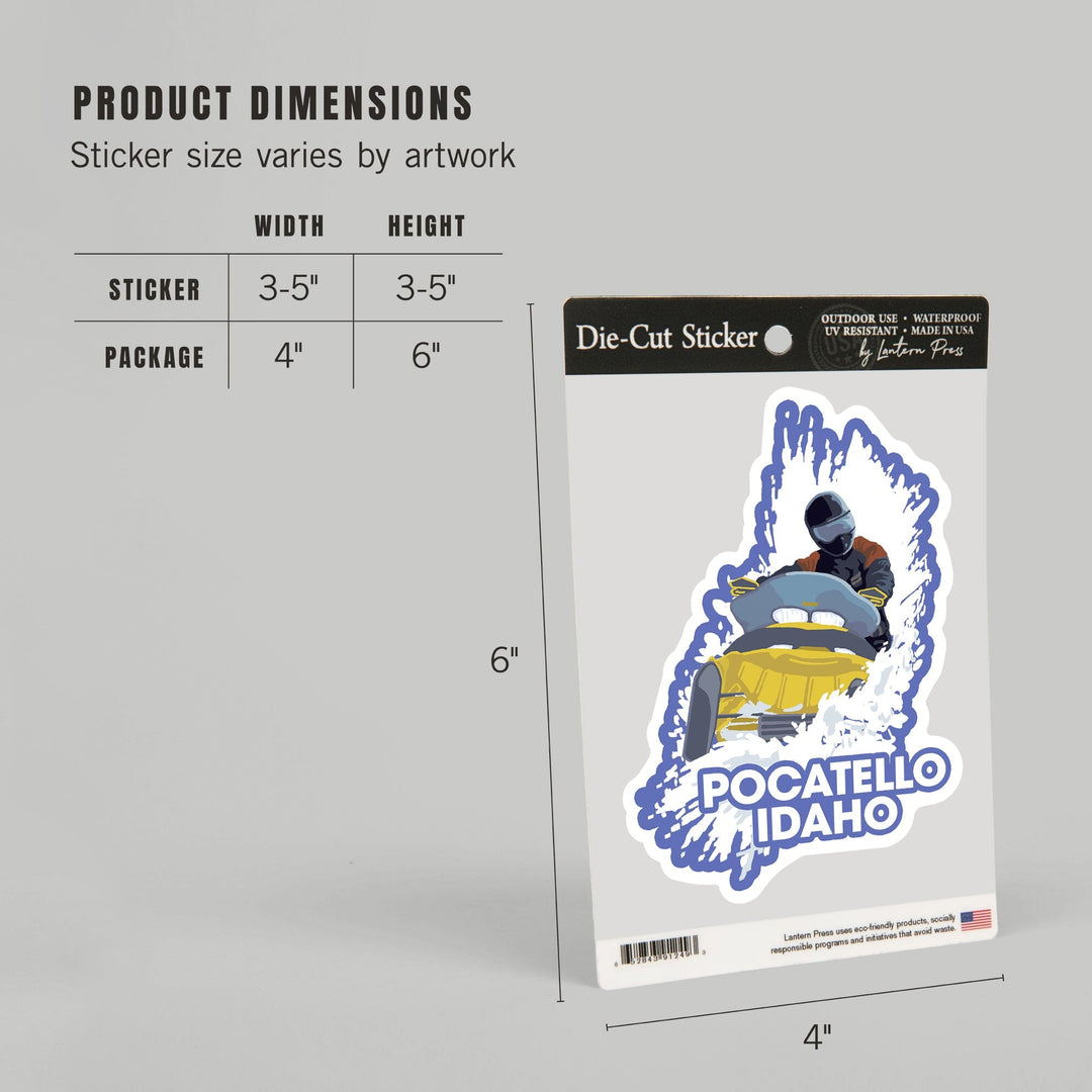 Pocatello, Idaho, Snowmobile Scene, Contour, Lantern Press Artwork, Vinyl Sticker Sticker Lantern Press