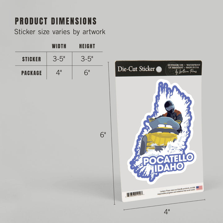 Pocatello, Idaho, Snowmobile Scene, Contour, Lantern Press Artwork, Vinyl Sticker Sticker Lantern Press