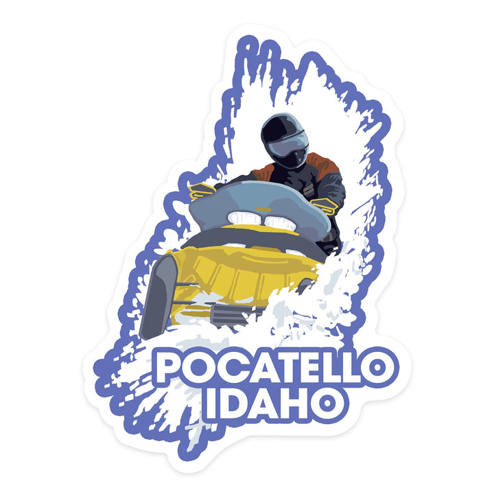 Pocatello, Idaho, Snowmobile Scene, Contour, Lantern Press Artwork, Vinyl Sticker Sticker Lantern Press