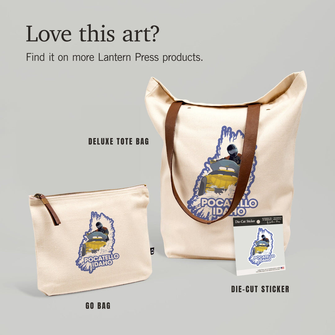 Pocatello, Idaho, Snowmobile Scene, Contour, Lantern Press Artwork, Vinyl Sticker Sticker Lantern Press