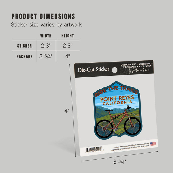Point Reyes, California, Ride the Trails, Mountain Bike, Contour, Lantern Press Artwork, Vinyl Sticker Sticker Lantern Press