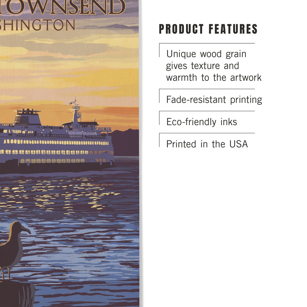 Port Townsend, Washington, Ferry Sunset & Gull, Lantern Press Artwork, Wood Signs and Postcards Wood Lantern Press