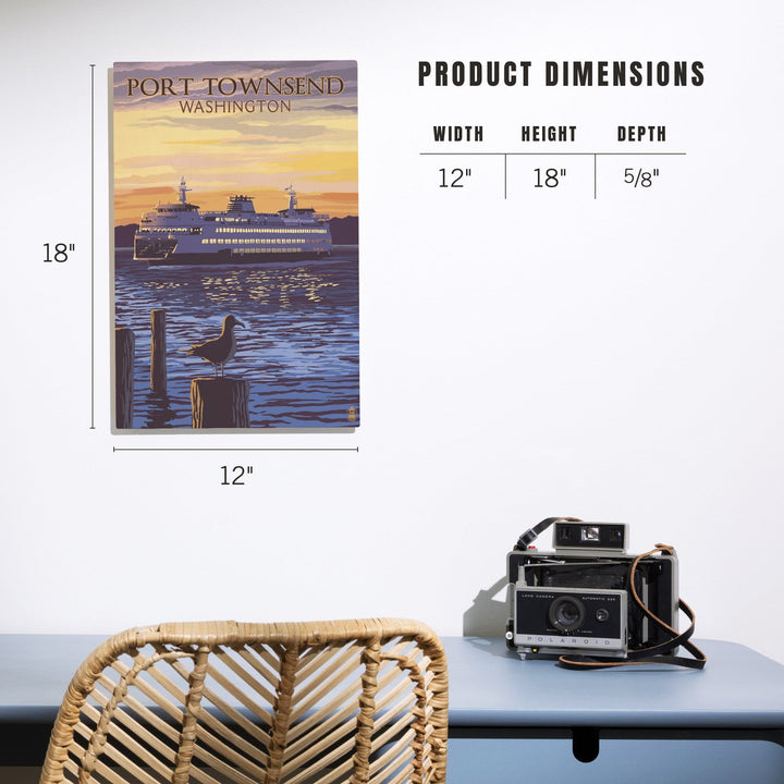 Port Townsend, Washington, Ferry Sunset & Gull, Lantern Press Artwork, Wood Signs and Postcards Wood Lantern Press
