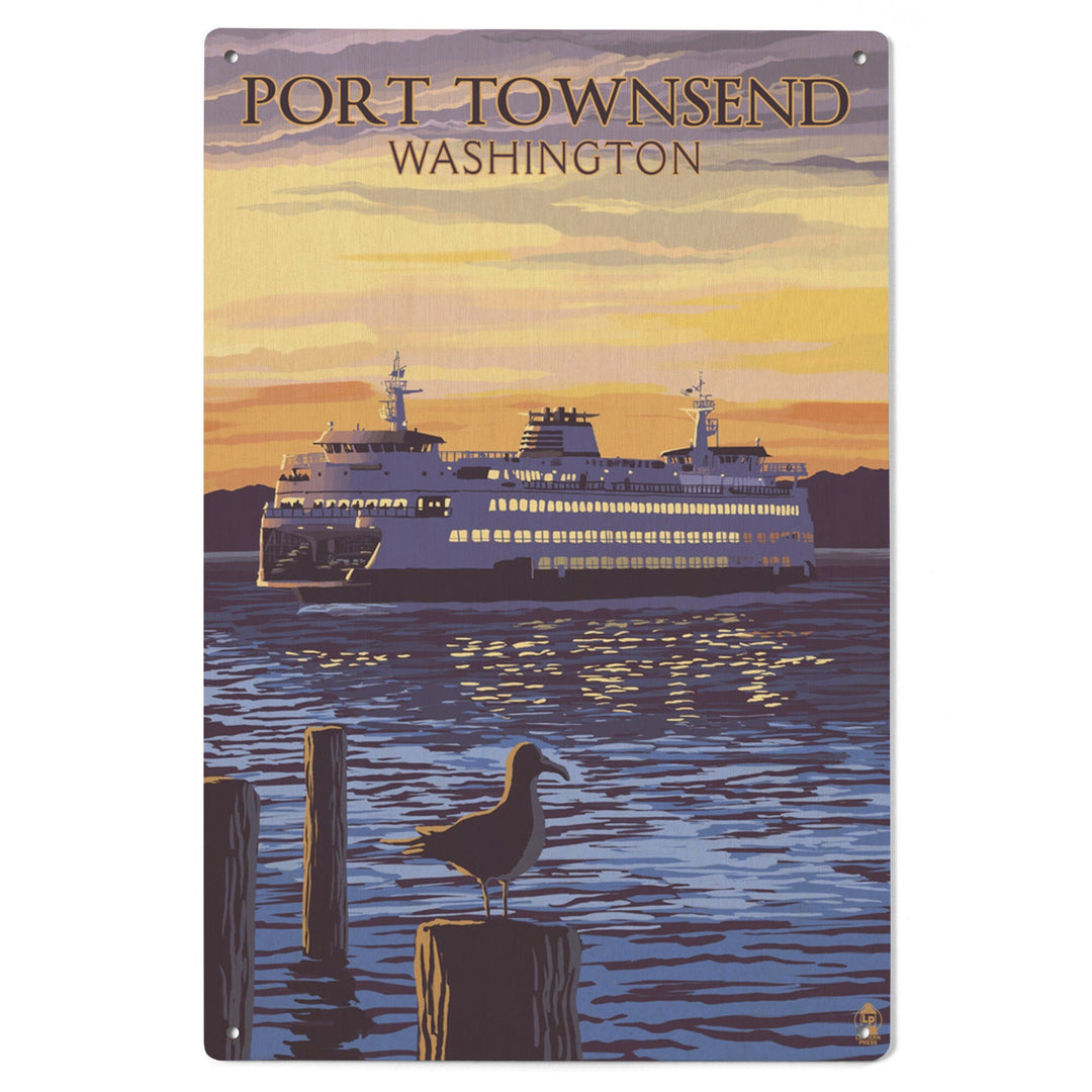 Port Townsend, Washington, Ferry Sunset & Gull, Lantern Press Artwork, Wood Signs and Postcards Wood Lantern Press