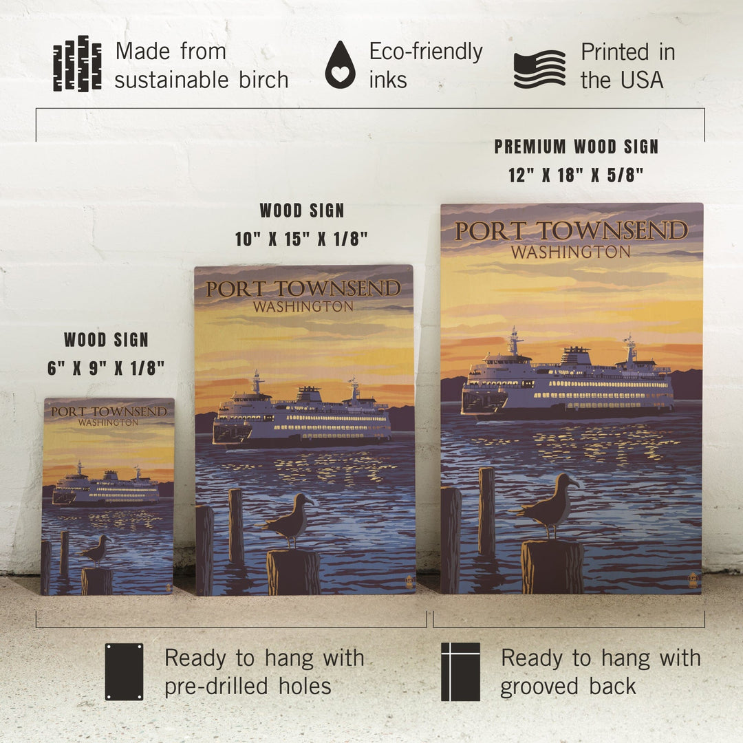Port Townsend, Washington, Ferry Sunset & Gull, Lantern Press Artwork, Wood Signs and Postcards Wood Lantern Press