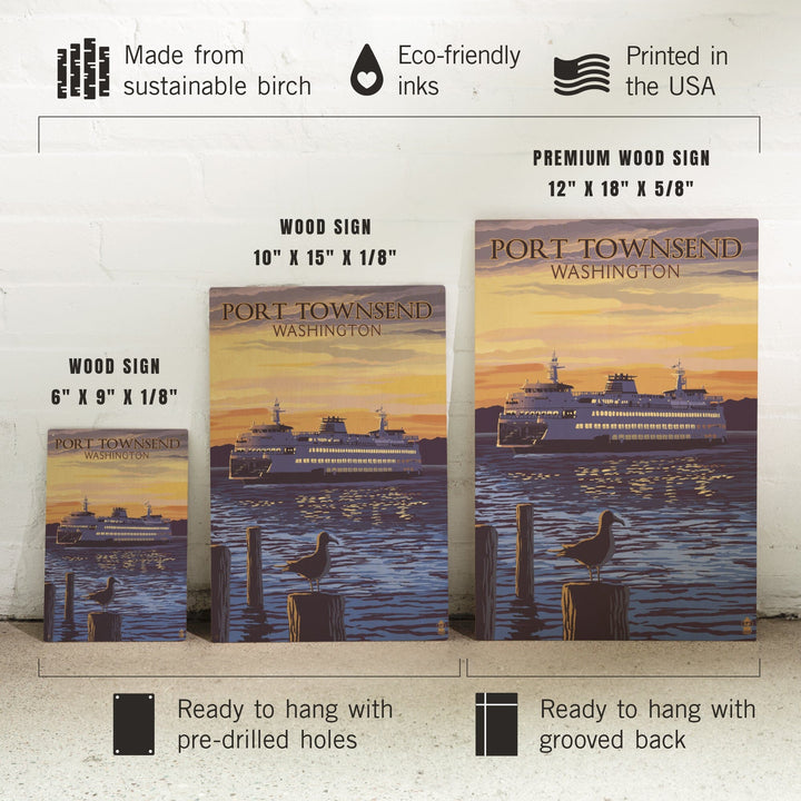 Port Townsend, Washington, Ferry Sunset & Gull, Lantern Press Artwork, Wood Signs and Postcards Wood Lantern Press
