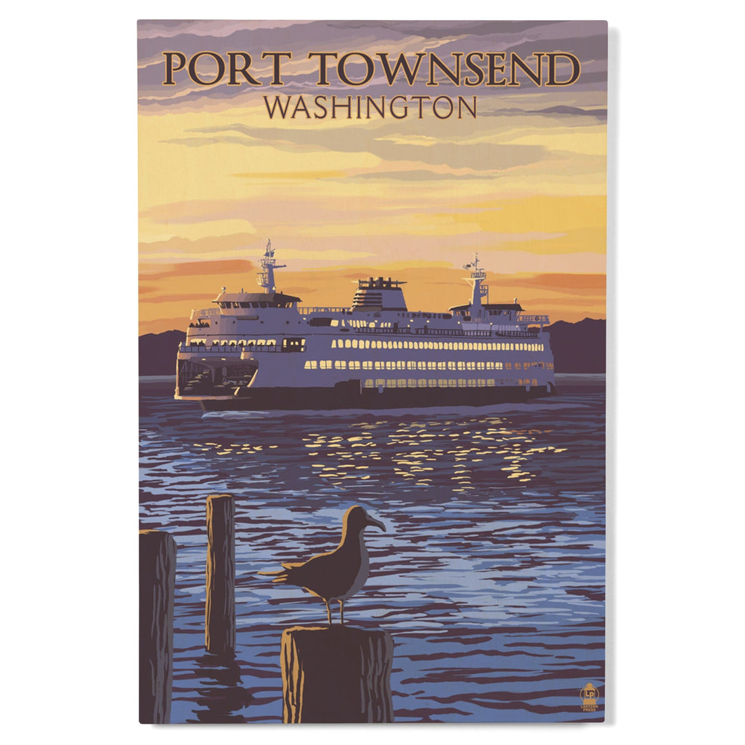 Port Townsend, Washington, Ferry Sunset & Gull, Lantern Press Artwork, Wood Signs and Postcards Wood Lantern Press