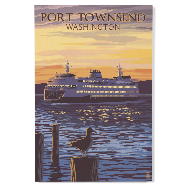 Port Townsend, Washington, Ferry Sunset & Gull, Lantern Press Artwork, Wood Signs and Postcards Wood Lantern Press