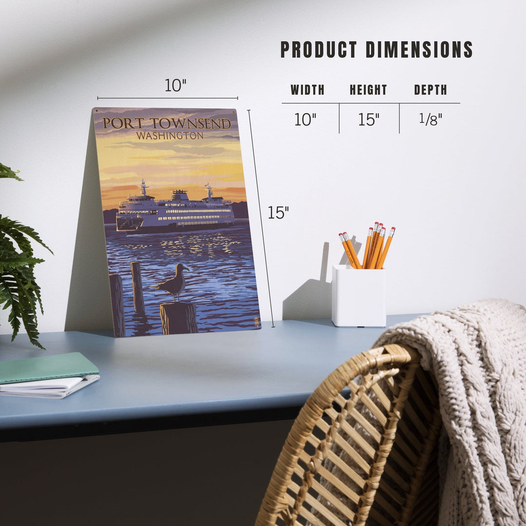 Port Townsend, Washington, Ferry Sunset & Gull, Lantern Press Artwork, Wood Signs and Postcards Wood Lantern Press