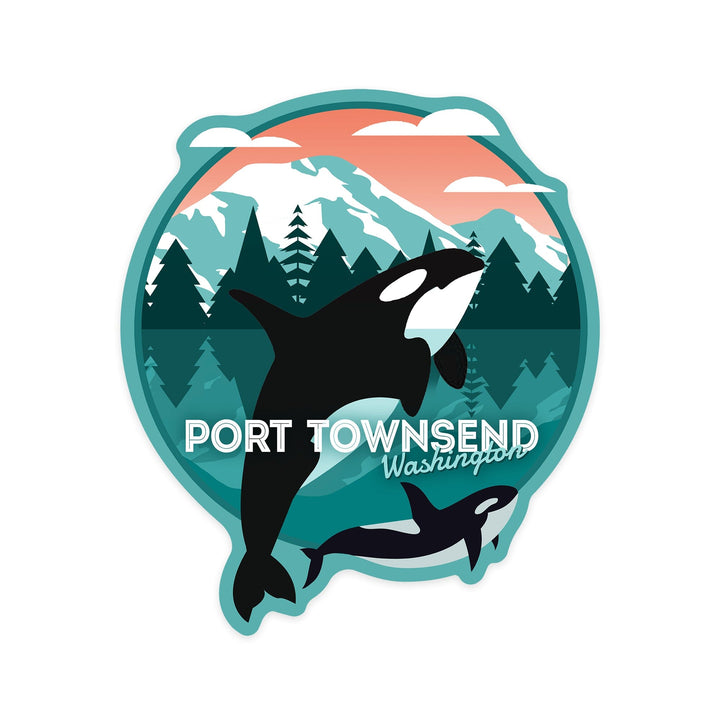 Port Townsend, Washington, Orca Whale and Calf, Vector, Contour, Lantern Press Artwork, Vinyl Sticker Sticker Lantern Press