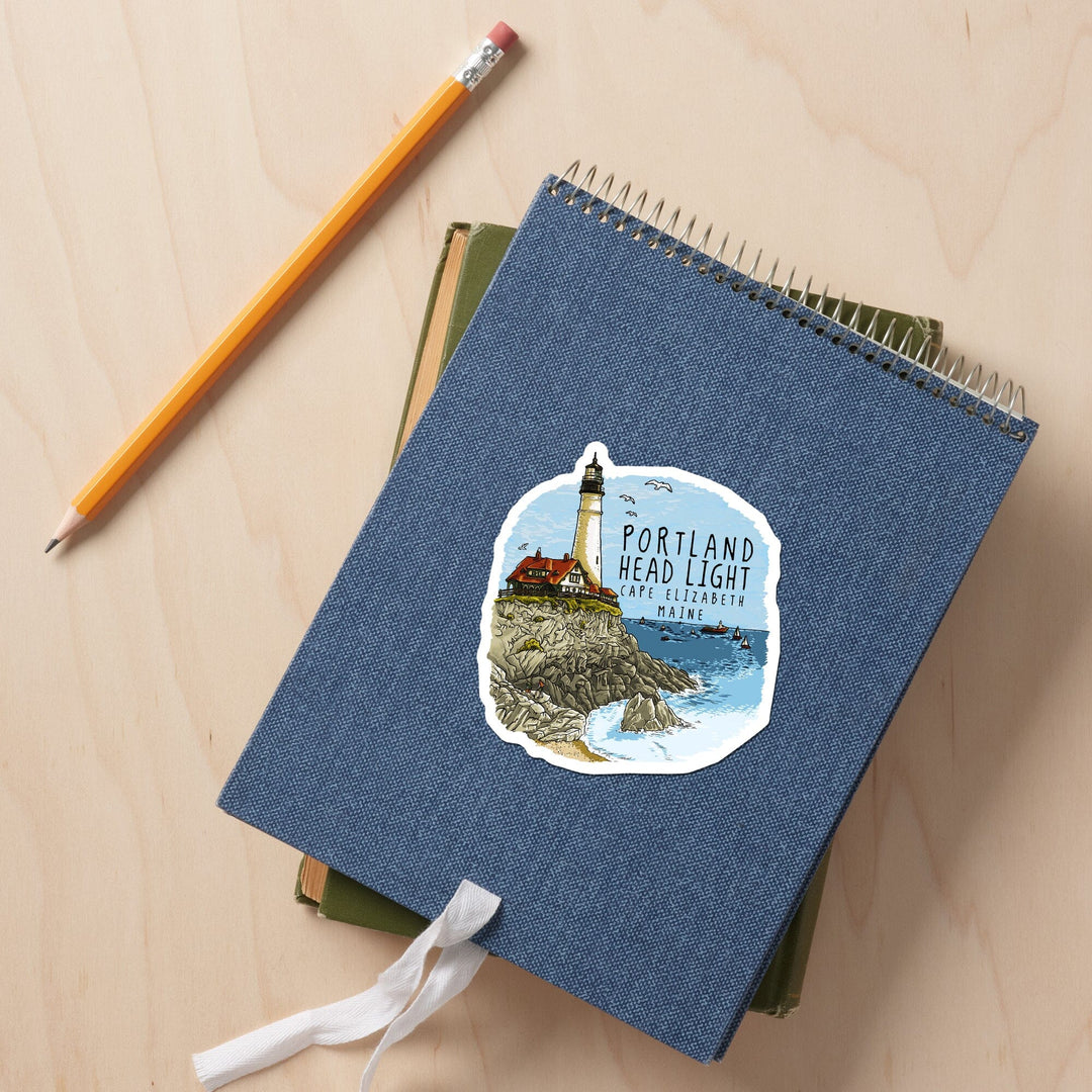 Portland Head Lighthouse, Maine, Line Drawing, Contour, Lantern Press Artwork, Vinyl Sticker Sticker Lantern Press