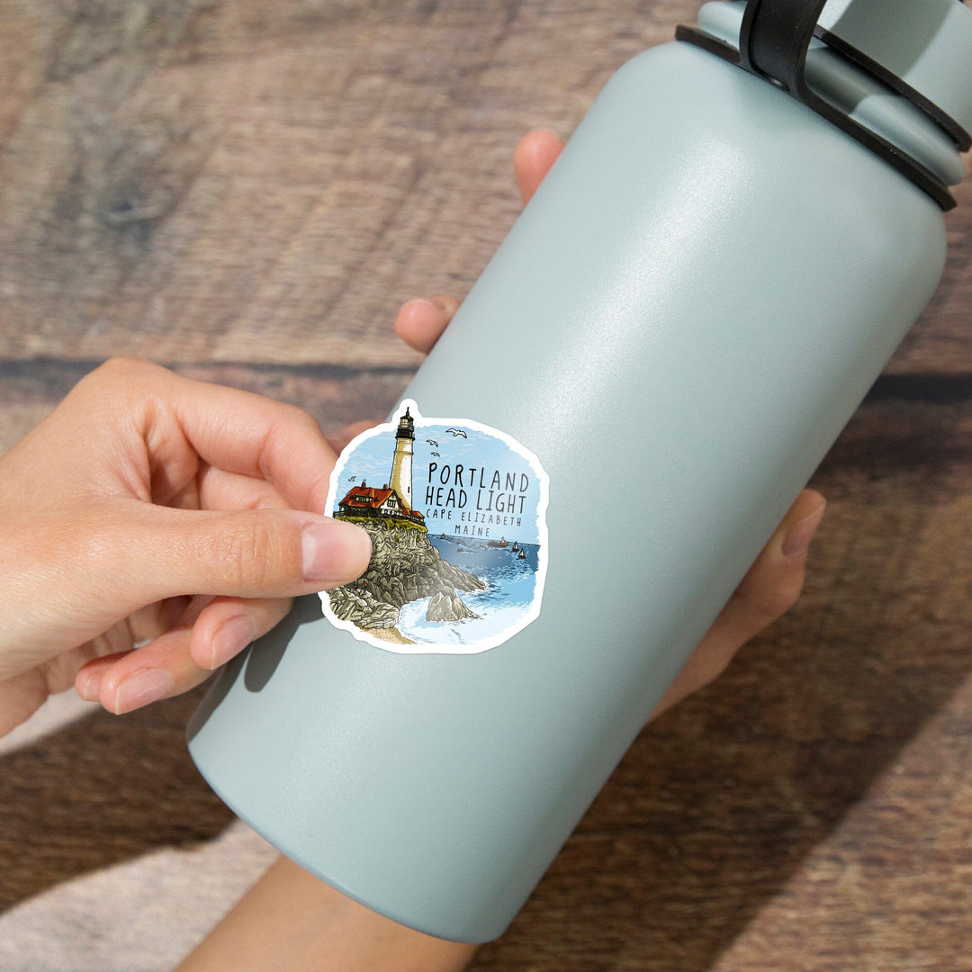 Portland Head Lighthouse, Maine, Line Drawing, Contour, Lantern Press Artwork, Vinyl Sticker Sticker Lantern Press