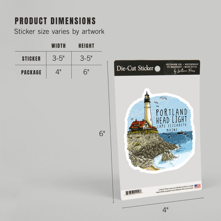 Portland Head Lighthouse, Maine, Line Drawing, Contour, Lantern Press Artwork, Vinyl Sticker Sticker Lantern Press